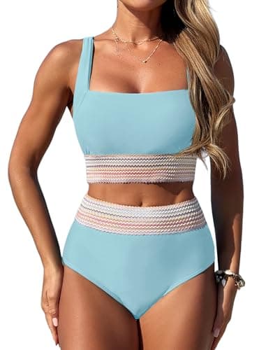 ZAFUL High Waisted Bikini Sets for Women Two Piece Swimsuits Tummy Control Bathingsuit for Teens Full Coverage Ruched Bikini Bottom Blue XL - Image 1