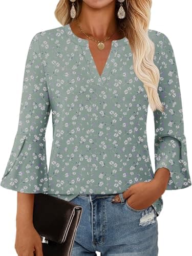 GKBK Women's Blouses Ruffle 3/4 Sleeve Dressy Top V Neck Casual Tunic Blouses Business Shirts Green S - Image 1