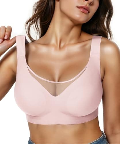 Brabalas Comfortable Wireless Bras for Women V Neck Mesh Push Up Bra Full Coverage Supportive Bralettes for Women Seamless Bra No Underwire Everyday T Shirt Bras Pink 36D - Image 1
