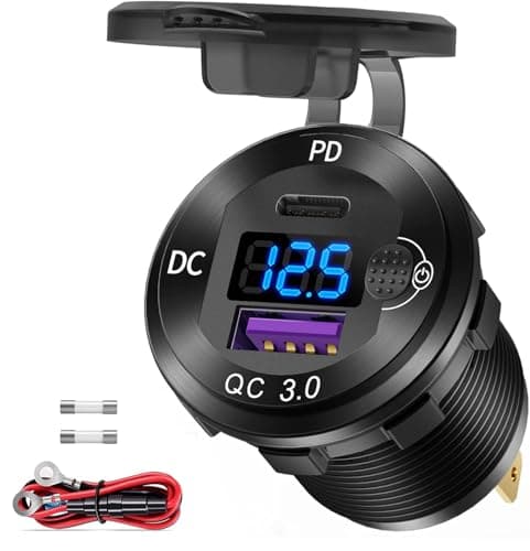 Aluminum Alloy USB C Car Charger Socket,12V USB C Outlet, PD 36W and Quick Charge 3.0 18W Dual Port Waterproof Power Adapter with Voltmeter and Switch for Marine Truck Motorcycle Boat Golf cart RV - Image 1