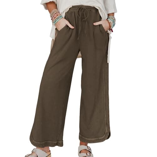 Ainangua Women's Casual Wide Leg Pants High Waist Acid Wash Baggy Palazzo Pants Athletic Lounge Trousers with Pockets(Brown,L)