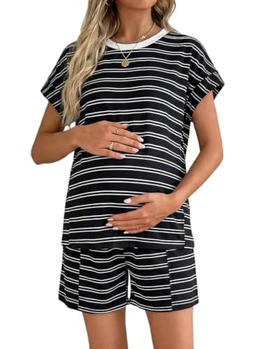 BLENCOT Women's Maternity 2 Piece Outfits Striped Knit Tank Tops and Shorts Pregnancy Loungewear Mama Clothes Black M - Image 1