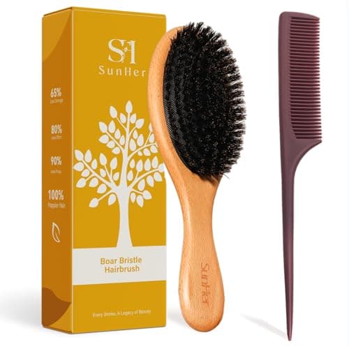 SunHer Boar Bristle Hair Brush - 100% Soft Boar Bristle Brush for Women Men Kids for Fine Thin Hair - Beech Wood Scalp Massage Brush for Smoothing Frizz & Distributing Natural Oils - Image 1