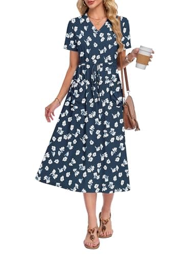 MOLERANI Women Summer Maxi Dress Casual Drawstring Long Dresses V Neck Dresses for Women 2026 Elegant Classy with Pockets, Floral Navy, S - Image 1