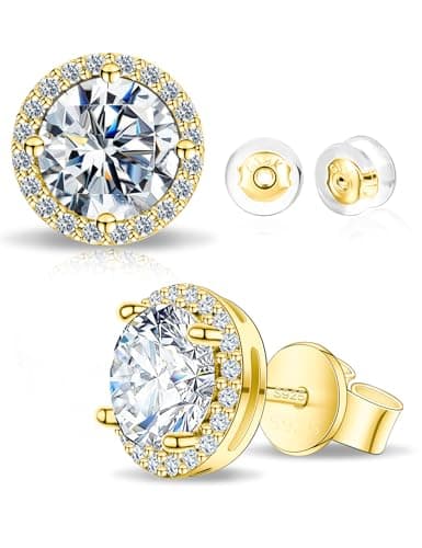 SAYATA Moissanite Halo Stud Earrings for Women & Men, 1.0-2.0ct, Hypoallergenic 925 Sterling Silver 14K Gold Plated Stud, VVS1 Round Lab-Created Moissanite Earrings (14K Gold, 2.0CT(1ct*2) - Image 1