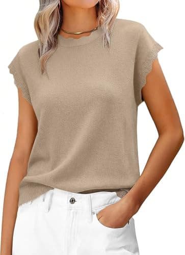 Jenisso Women Summer Sweater Cap Sleeve Lightweight Pullover Soft Knit Top with Scallop Wavy(Beige,L) - Image 1
