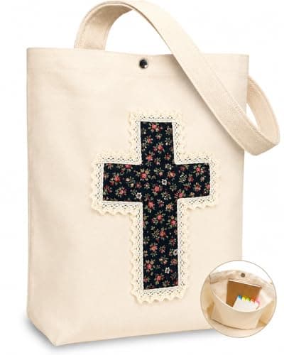 Christian Tote Bag for Women, Bible Bags with Handcrafted Cross & Lace, 12oz Canvas Religious Church Bag with Pocket & Snap Closure, Spacious Gift for Church & Baptism (Cream-Ink blue Vintage Floral) - Image 1