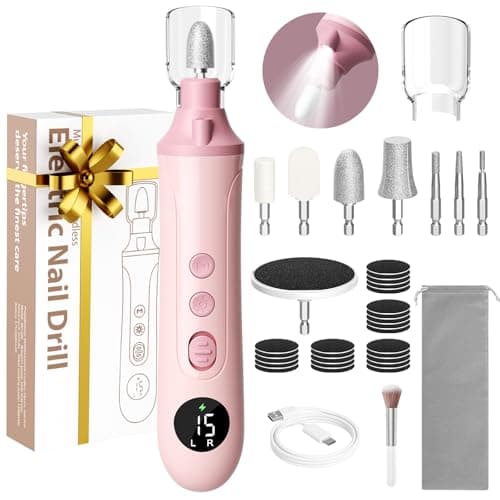 Electric Nail Drill Kit, Nail Filer Electric with LCD & Lamp, Rechargeable Pedicure Tools for Feet, Toenail Grinder for Thick Toenails, Cordless Nail Dremel Tools for Women & Men