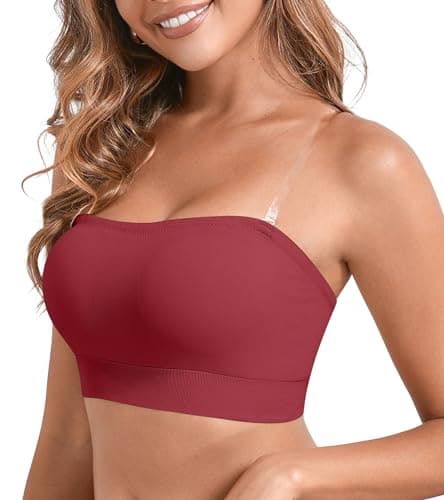 Women's Padded Bandeau Sports Strapless Bra Wireless Yoga Workout Tube Top Bralette Red Small - Image 1
