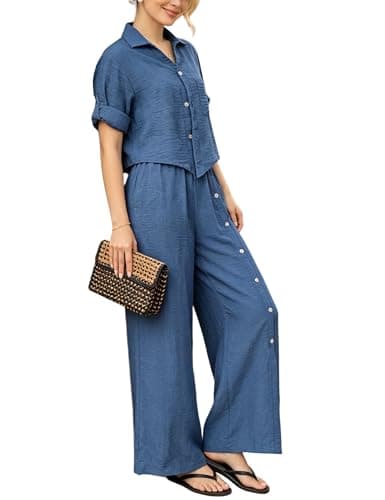 Joyfunear Women's 2 Piece Outfits Lounge Sets Long Sleeve Buttons Down Shirt Tops and Wide Leg Pants Tracksuit With Pockets Darkblue Large - Image 1