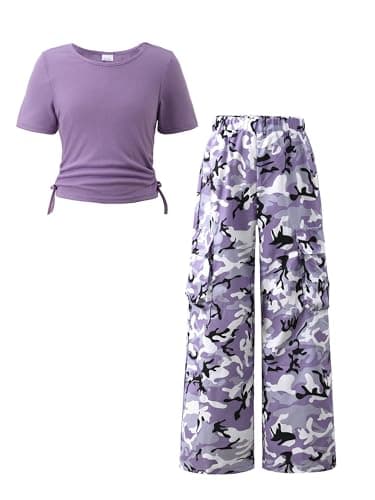 AMAWMW Girls Clothes Summer Outfits Short Sleeve Ruched T-Shirt Tops and Camo Cargo Pants 2Pcs Teen Clothing Purple 13-14Y - Image 1