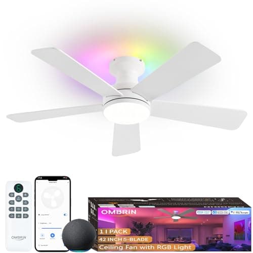 Ombrin 42 Inch Ceiling Fans with Lights, Smart Ceiling Fan with Alexa Google App, White Ceiling Fan with RGB Lights Remote, 6 Speeds Reversible DC Motor, Modern Flush Mount for Bedroom Living Room - Image 1