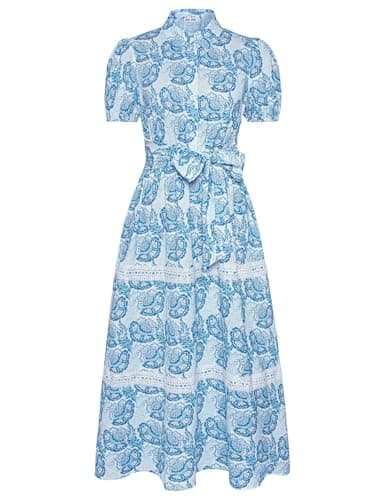 GRACE KARIN Women's 2026 Summer Floral Flowy Dresses Boho Tie Belt Short Puff Sleeve A Line Maxi Shirt Dress with Pocket White Blue Large - Image 1