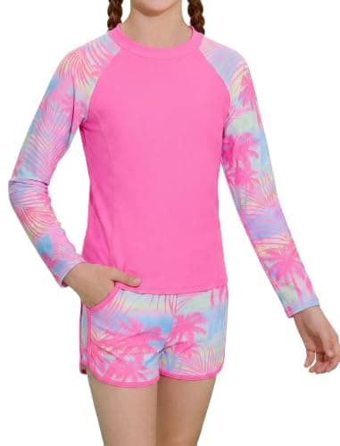 Alakuoti Girls Rash Guard Swimsuit Two Piece Bathing Suit UPF 50+ Sun Protection Long Sleeve Swimwear Size 6 Pink Palm Tree
