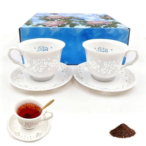 HJOCMLE Porcelain Tea Cup and Saucers Set,Women' Gift Rose Lace Cutout Tea Mug Set with 2 Gold-Tone Rose Spoons & English Black Tea Set for Mother,7Pcs Elegant Gift Boxed Set for Mom,Tea Lover - Image 1