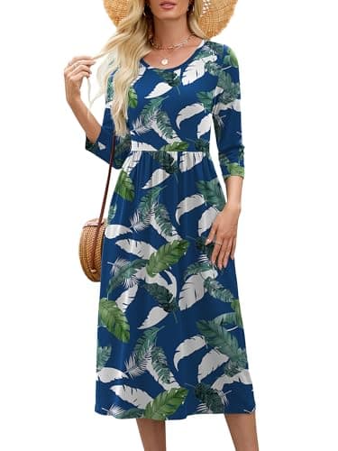 Heymoments Midi Dress for Women Tropical Leaf X-Large Crewneck 3/4 Sleeves Wedding Guest A line Casual Flowy Swing Party Vintage Spring Fall Winter Travel 2026 Long Dresses with Pocket - Image 1