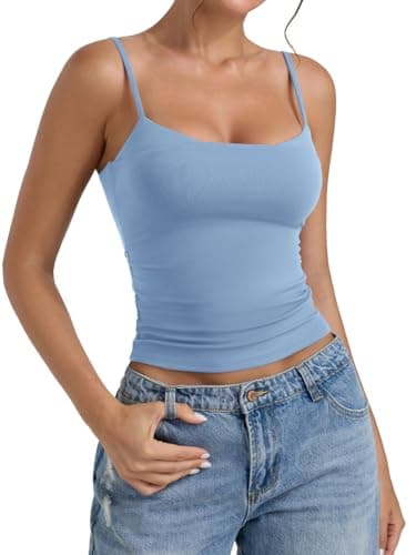 PINKMSTYLE Womens Double Lined Sleeveless Ruched Camisole Tank Top Spaghetti Strap Backless Cami Fitted Top Baby Blue X-Small - Image 1
