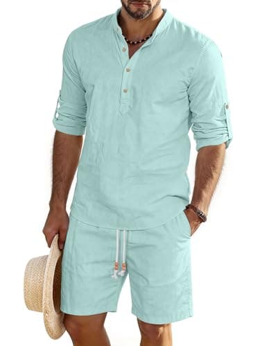 JEMLDL Men's 2 Piece 2 in 1 Linen Cotton Set Casual Long Sleeve Cuban Henley Shirt & Shorts Summer Vacation Outfits Light Green 3XL - Image 1