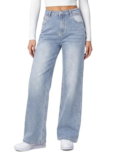 HDLTE Women's Wide Leg High Waist Baggy Blue Washed, Sky Blue Jeans - Image 1