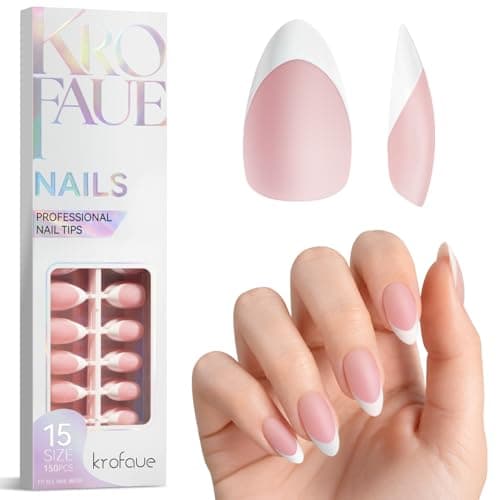 Krofaue French Tip Short Almond Nail Tips–Pink Matte White Tip Full Cover Press On Nails, 15 Sizes Almond Fake Nails for Nail Salon & Home DIY - Image 1