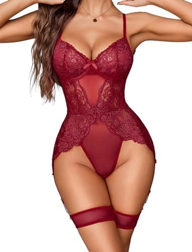 Avidlove Women Sexy Lingerie Sexy Bodysuit with Garter Belt & Stockings, Elegant Lace Bodysuit for Anniversary or Romantic Surprise Wine Red XL - Image 1