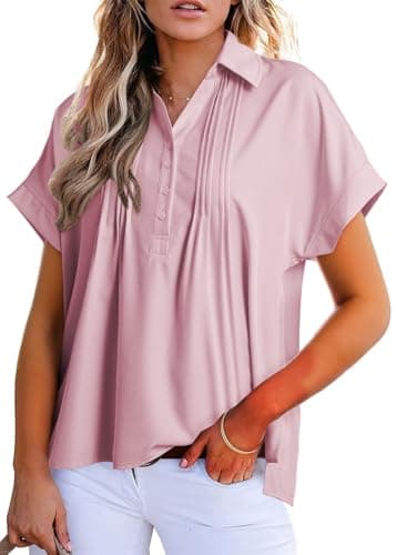 Dokotoo Blouses for Women Dressy Casual Short Sleeve Summer Spring Pleated Button Down Shirts Collared V Neck T-Shirt Solid Tops Oversized Tshirt Teacher Shirts Business Ladies Pink Tops Medium - Image 1