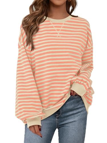 PRETTYGARDEN Women Oversized Striped Color Block Long Sleeve Crew Neck Sweatshirt Casual Loose Pullover Y2K Shirt Top (Apricot Orange, X-Large) - Image 1