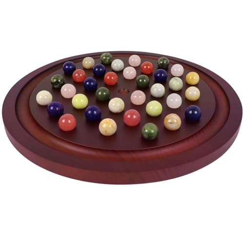 HOROW 15.7 Inches Large Marble Solitaire Board Game Wooden Classic Natural Stone Marbles Solitaire Game Set Containing 36 Colored Natural Stone Marbles Strategy and Smart Games (Red Peach Color)