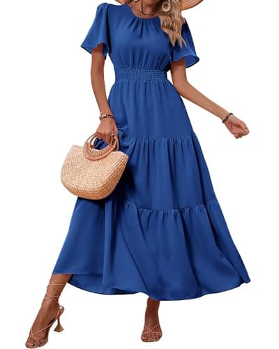 PRETTYGARDEN Women's Summer Casual Short Flutter Sleeve Round Neck Smocked Waist Tiered Boho Floral Flowy Maxi Dress(Solid Royal Blue,Medium) - Image 1
