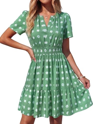 BTFBM Summer Dresses for Women 2026 Lightweight Casual Short Sleeve Floral Mini Dress A Line Beach Vacation Sundress(Green, X-Large) - Image 1