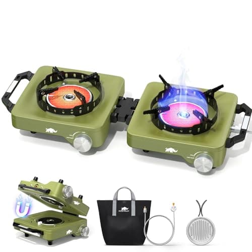 2 Propane Burners Camping Stove, 30,000 BTU Folding Camp Stove with Windproof Grates and Frying Pan, Portable Camping Stoves with Carrying Bag, Camping Essentials for Tailgating/Grilling/Coffee, Green - Image 1
