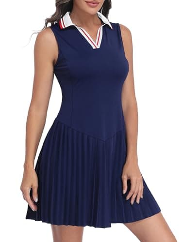 FREEYE Women's 2 Piece Sleeveless Tennis Dress with Shorts V-Neck Pleated Athletic Outfits for Pickleball Golf Casual Wear Navy Blue XL - Image 1