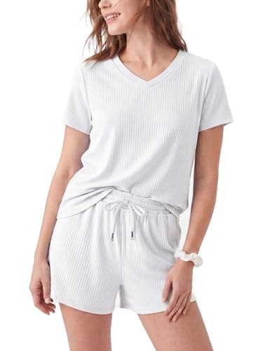 PATPAT Womens 2 Piece Pajamas Sets Ribbed Knit Casual Loungewear Short Sleeve Lounge Sets Summer Matching Pjs Outfit White, XL - Image 1