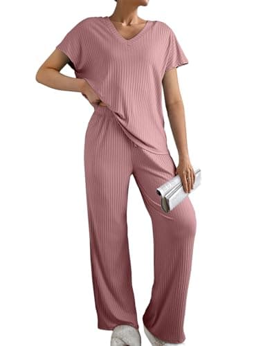 SHEWIN Pajamas for Women 2026 Spring Fashion Short Sleeve Sweater Set Womens Summer 2 Piece Sets Casual Ribbed Knit Lounge Set Summer Outfits, Pink M - Image 1