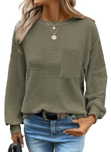 Dokotoo Tops for Women Crewneck Long Sleeve Tops Waffle Top for Women 2026 Summer Spring Fashion Trendy T-Shirts Business Casual T Shirts Fitted Shirts Basic Tee Womens Blouses Moss Green - Image 1