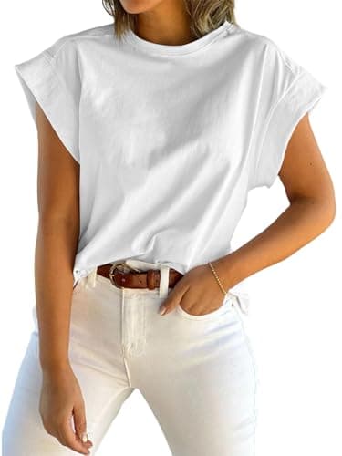Tankaneo Womens Summer Cap Sleeve Tank Top Crew Neck Solid Casual Loose Fit Basic Tee Shirt White - Image 1