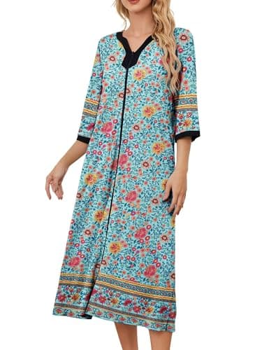 PITINAN House Dress for Women Zipper Front Robes House Coat With Pockets Cotton Zipper Bathrobe Duster Housecoat Grandma Dress Small Green Flower L - Image 1