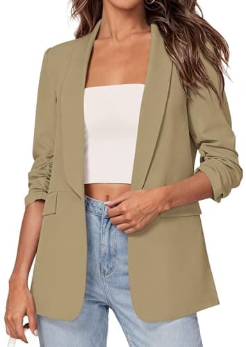 PRETTYGARDEN Women's 2026 Spring Blazers Business Casual Outfits Open Front Ruched 3/4 Sleeve Lightweight Work Suits Jackets (Light Khaki,Medium)