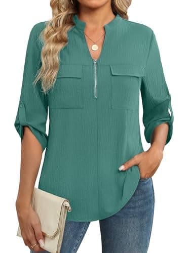 Funlingo Business Casual Tops for Women 3/4 Length Sleeve Womens Tunic Tops V Neck Dressy Work Blouses Professional Clothes 2026 Turquoise S - Image 1