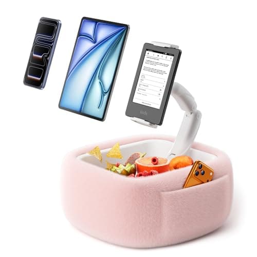 LULULOOK Tablet Pillow Stand, Compatible with iPad, iPhone and 4.7-14.6”Tablet, 360° Adjustable Kindle Pillow Stand for Bed with Ultra Fluffy Fabric & Snack Bowl (Snug Pink) - Image 1