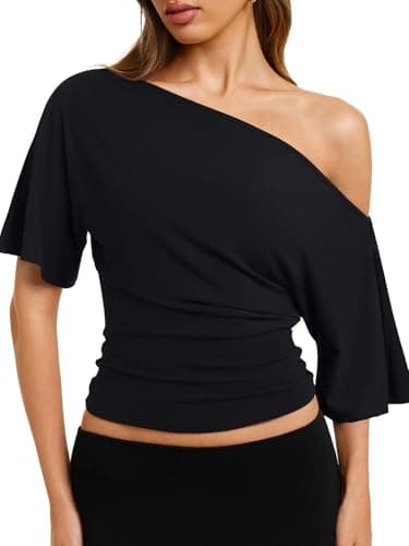 REORIA Women's Off The Shoulder Tops Short Sleeve Cinched Waist T-Shirts - Image 1