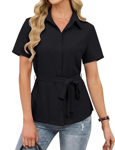Blooming Jelly Womens Button Down Shirt Collared Bow Belt Short Sleeve Business Causal Tops Summer 2026 Fashion Trendy Dressy Elegant Work Blouse (X-Large, Black) - Image 1
