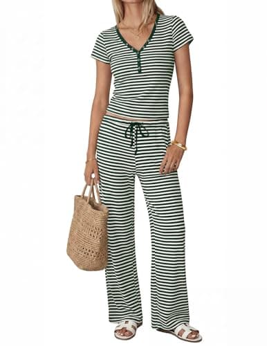 YURIONA Women Two Piece Lounge Sets Striped Short Sleeve Top Wide Leg Pants