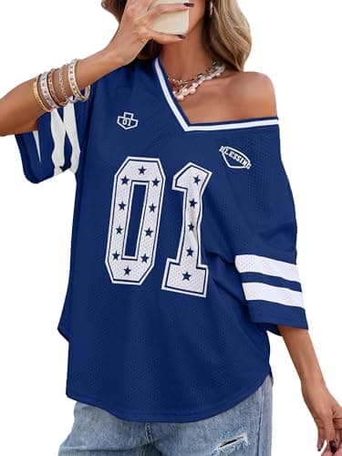 Bellcoco Women's Y2k Graphic Shirts Oversized Jersey Tops V Neck Number Print Off Shoulder Tees Football Streetwear Blue Graphic XS - Image 1