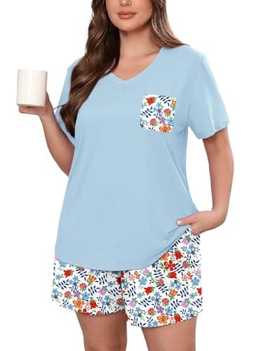 AusLook Plus Size Pajama Set for Women 2 Piece V Neck Short Sleeve Loungewear 3X Set with Pajama Printed Shorts Summer Sleepwear Loose Fit 1X-5X - Image 1