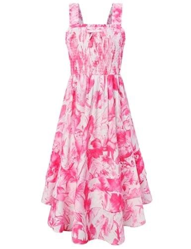 GRACE KARIN Party Dresses for Girls Elastic Straps Smocked Maxi Long Casual Boho Dress 8-10,Hot Pink Tropical - Image 1