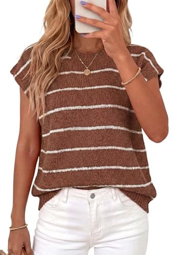 PRETTYGARDEN Womens Summer Short Sleeve Tops 2026 Trendy Crew Neck Striped Knit Sweater Business Casual Spring Clothes (Striped Brown White,X-Large) - Image 1