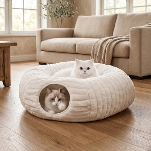 Dogpals Ultra-Soft Cat Tunnel Bed - Soft Washable Cushion, Peekaboo Hideaway Cave for Indoor Cats, Kittens, Puppies, and Rabbits - Deluxe Upgraded with Luxurious Striped Hare-Feel Fabric (White) - Image 1
