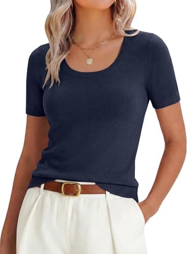 ANRABESS Womens Short Sleeve Sweaters Wool Blend Summer Scoop Neck Casual Business Knit Shirts Slim Fit Work Tops Outfits Navy Blue Small