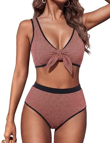 Hanna Nikole Plus Size Womens High Waisted Bikini Sets 2 Piece Swimsuit Tummy Control Bathing Suits Modest Textured Tie Knot Swimwear Pink Black - Image 1